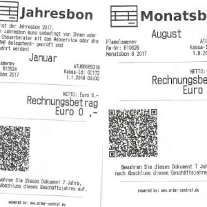 Originaler Kassen-Monatsbon und Jahresbon der Friseur-Registrierkasse, automatisch erstellt und gesetzeskonform für FinanzOnline signiert.