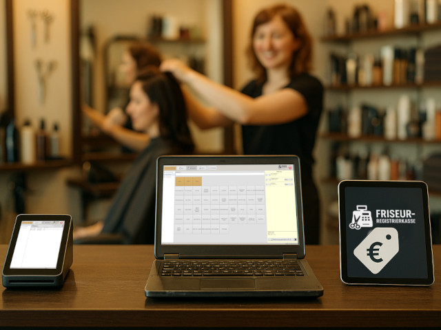 Moderne, günstige Kassensysteme im Friseursalon: Touchscreen-Registrierkasse, älterer Laptop und Tablet auf dem Tresen, im Hintergrund ein arbeitender Friseur – preiswerte POS-Lösung für Friseure.