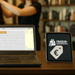 Moderne, günstige Kassensysteme im Friseursalon: Touchscreen-Registrierkasse, älterer Laptop und Tablet auf dem Tresen, im Hintergrund ein arbeitender Friseur – preiswerte POS-Lösung für Friseure.