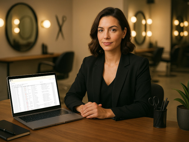 Moderne Salonbesitzerin in stilvollem Friseursalon-Büro, arbeitet am Laptop mit Partner-System Dashboard und Business-Kennzahlen; professionelles, elegantes Ambiente im Friseursalon.