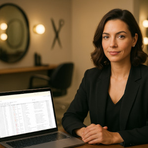 Moderne Salonbesitzerin in stilvollem Friseursalon-Büro, arbeitet am Laptop mit Partner-System Dashboard und Business-Kennzahlen; professionelles, elegantes Ambiente im Friseursalon.