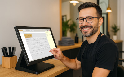 Friseur bedient die Friseur-Registrierkasse per Touch im Salon – einfache und intuitive Kassenbedienung im Arbeitsalltag.