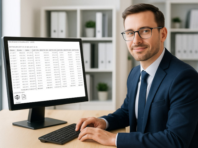 Junger Steuerberater im modernen Büro nutzt das Steuerberater-Login der Friseur-Registrierkasse auf seinem Laptop und überprüft Echtzeit-Umsatzdaten und Steuerberichte.