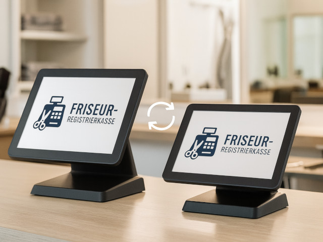 Zwei moderne All-in-One-POS-Touchscreen-Kassen für Friseursalons stehen auf einem Tresen; links ein bestehendes Gerät, rechts ein identisches Austauschgerät, dazwischen ein dezentes Austausch-Symbol, im Hintergrund ein helles, modernes Friseurstudio.