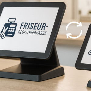 Zwei moderne All-in-One-POS-Touchscreen-Kassen für Friseursalons stehen auf einem Tresen; links ein bestehendes Gerät, rechts ein identisches Austauschgerät, dazwischen ein dezentes Austausch-Symbol, im Hintergrund ein helles, modernes Friseurstudio.