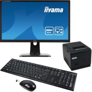 Hardwarepaket 1 für Friseur-Registrierkasse mit iiyama Monitor, XPrinter 80 mm POS-Thermodrucker und Logitech Maus und Tastatur.
