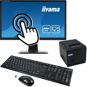 Hardwarepaket 1 für Friseur-Registrierkasse mit iiyama Touch-Monitor, XPrinter 80 mm POS-Thermodrucker und Logitech Maus und Tastatur.