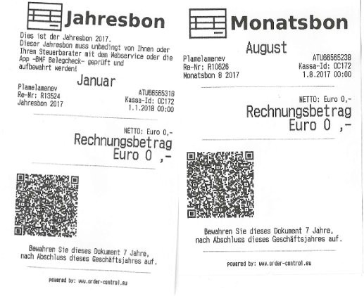 Originaler Kassen-Monatsbon und Jahresbon der Friseur-Registrierkasse, automatisch erstellt und gesetzeskonform für FinanzOnline signiert.